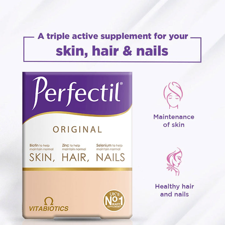 Vitabiotics Perfectil Triple Active Tablets With Biotin, Zinc & Selenium For Skin, Hair & Nails, Pack of 30's