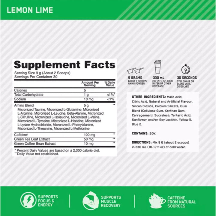 Optimum Nutrition Amino Energy For Energy & Muscle Recovery - Lemon Lime, 270g - 30 Servings