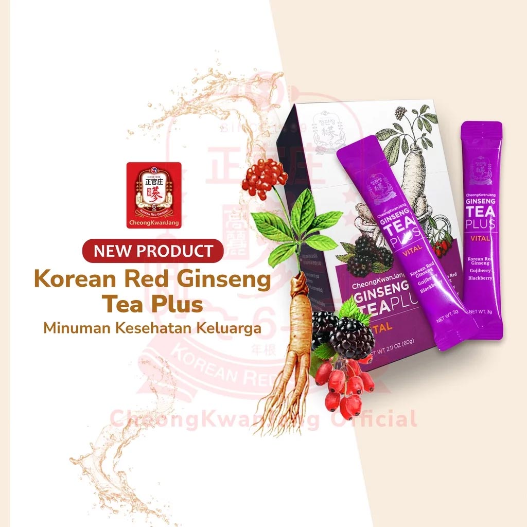 Cheongkwanjang Korean Red Ginseng Teaplus Vital Herbal Tea Powder Sticks For Overall Health & Energy, Pack of 3g x 20Sticks