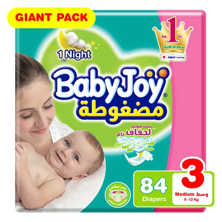 BabyJoy Compressed Diamond Pad Baby Diapers, Size 3, Medium For 6-12Kg Baby, Giant Pack of 84's